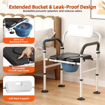 Heavy Duty Bedside Commode Chair with Adjustable Height and Width, Raised Toilet Seat with Arms Handles and Back Support for Elderly, Portable Bedside Toilet with Bucket (Width 20.4-22.44")
