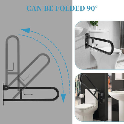 Toilet Grab Bar 32 Inch Black,  Anti-Slip Handicap Grab Bars with Paper Holder, Flip-Up Bathroom Safety Rails, Stainless Steel Knurled Support Handrails for Seniors Elderly Disabled Pregnant