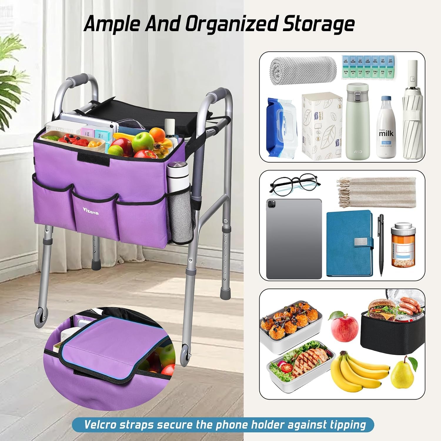 Upgrade Walker Basket with Tray, Detachable Walker Tray for Folding Walkers, Storage Bag with Cup & Cane Holder, Water-Resistant Walker Accessories for Seniors