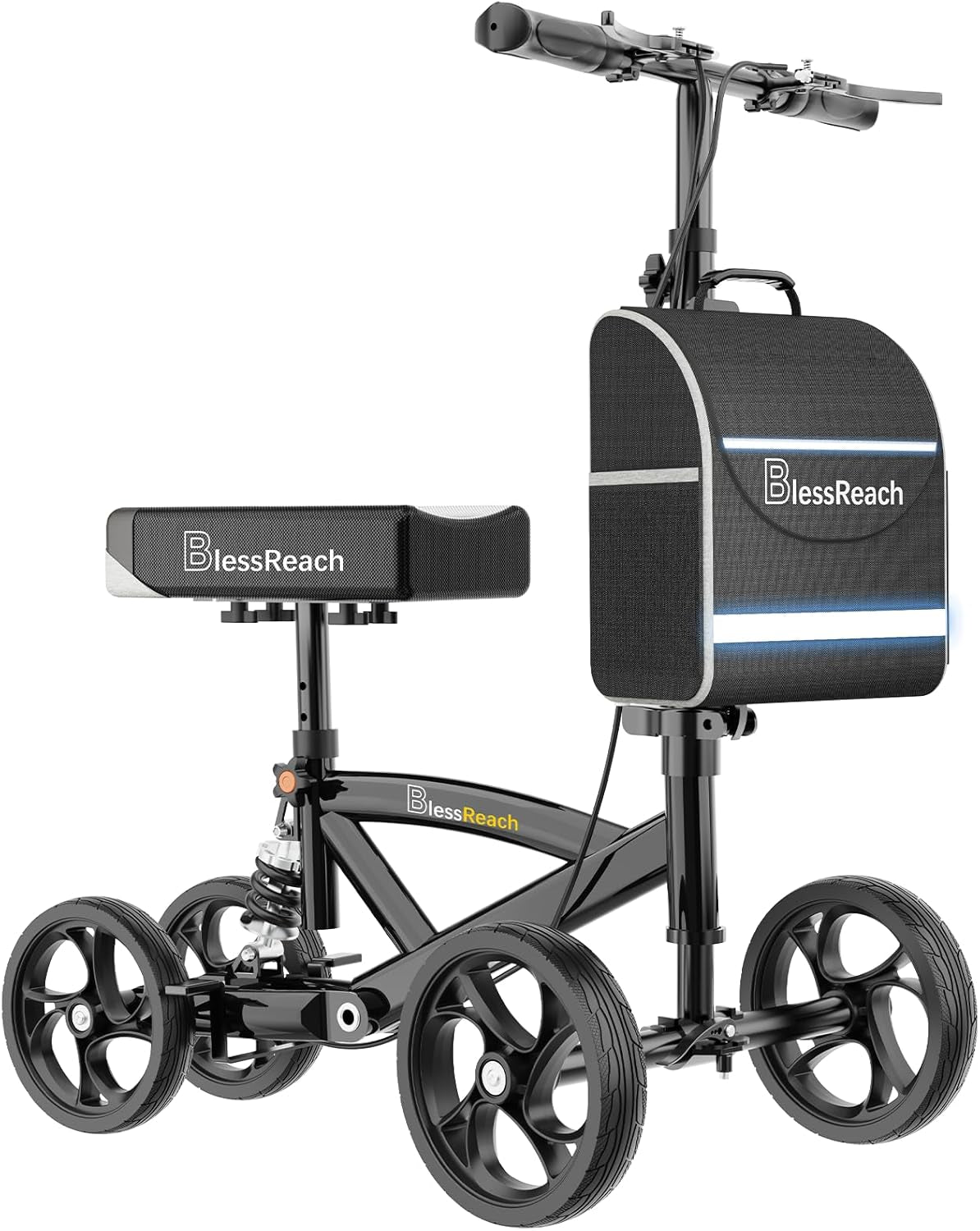 Steerable Knee Walker Deluxe Medical Scooter for Foot Injuries Compact Crutches, with Dual Rear On-Wheel Brake and Shock Absorption under the Knee Pad, Black