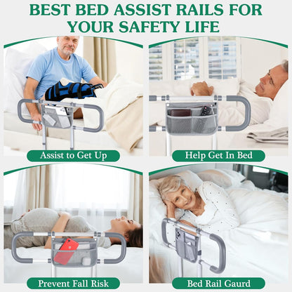 Bed Rails for Elderly Adults Safety - Extended Bed Assist Rail for Seniors - Adjustable Beds Side Rails Handle Support Bar Bed Guard with Storage Bag & Fixing Strap, Fit King Queen Full Twin Beds