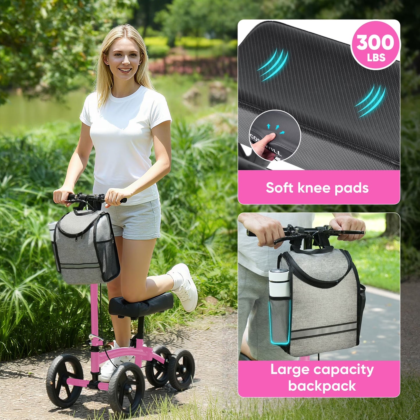 Steerable Knee Scooter,Economy Knee Walker,All Terrain Foldable Medical Scooter for Foot Injuries Crutches Alternative,Pink
