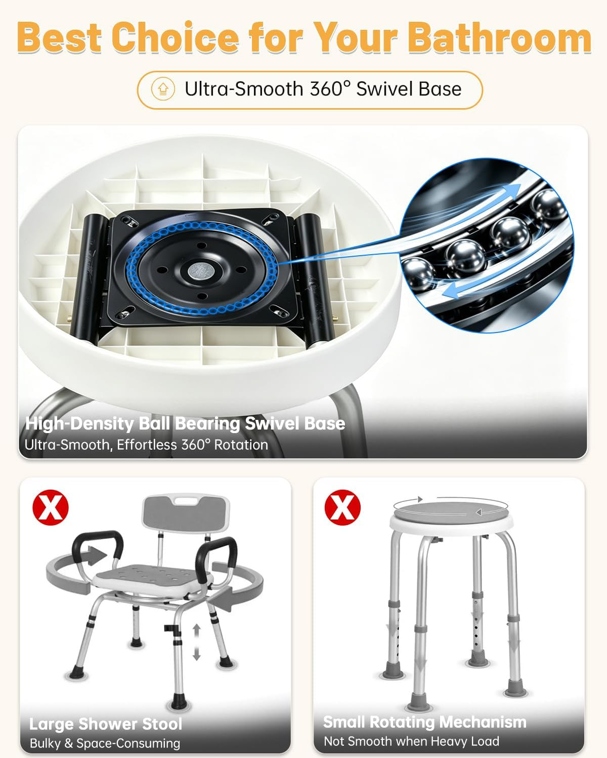 HSA/FSA Swivel Shower Chair for inside Shower, Upgraded Small Shower Chair with Back, Adjustable Shower Stool for inside Shower, Shower Chair for inside Tub Bath Stool for Senior/Pregnant